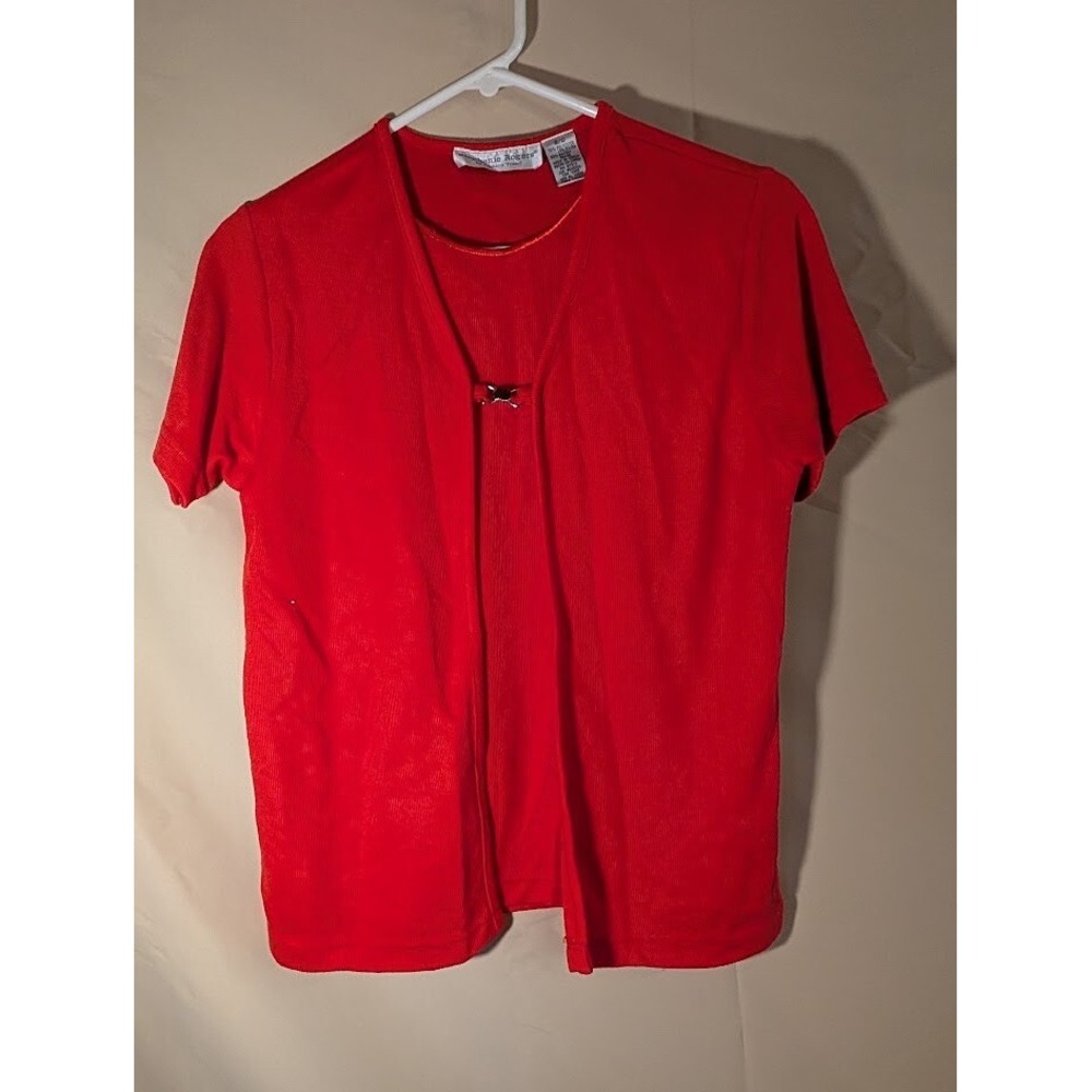 Stephanie Rogers Red Short Sleeve Knit Top Twinset Bow Accent Small - Picture 1 of 3